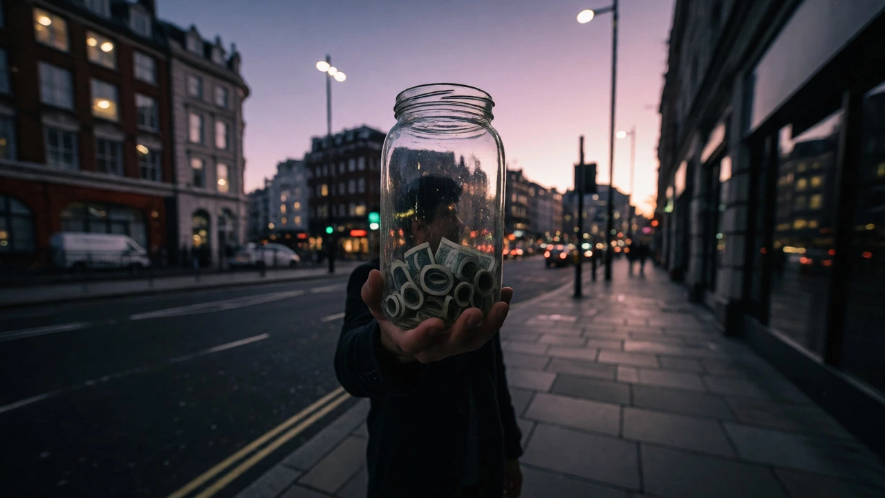 Person holding a jar of savings against a city skyline at dusk