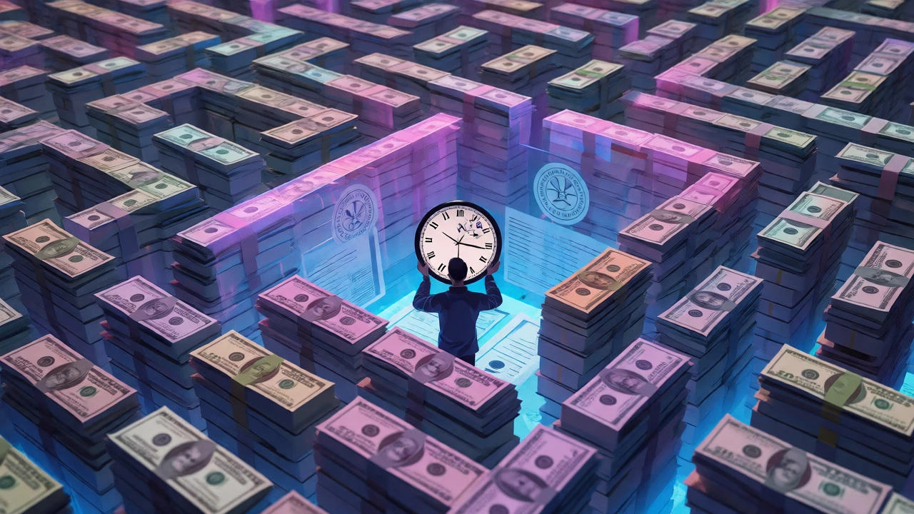 Surreal maze of money and law books with a broken clock figure